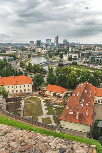 Vilnius, capital of Lithuania, Europe. Aerial view of the city, modern business financial district, architecture, buildings, with river and bridge, NATO summit 2023