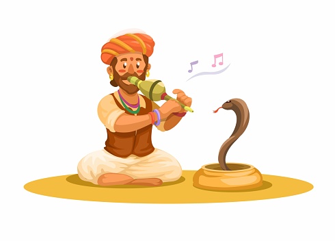 Indian Serpent Charmer Traditional Art Perform Character Cartoon illustration Vector