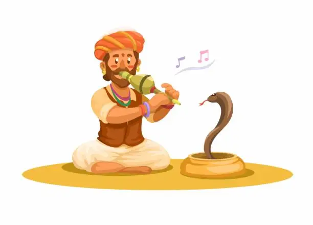 Vector illustration of Indian Serpent Charmer Traditional Art Perform Character Cartoon illustration Vector