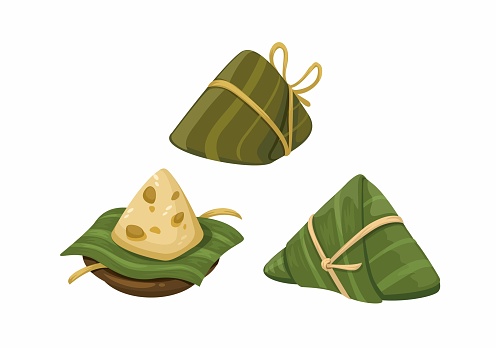 Bakcang aka Zongzi or Sticky Rice Dumpling Asian Food Symbol Set Cartoon illustration Vector