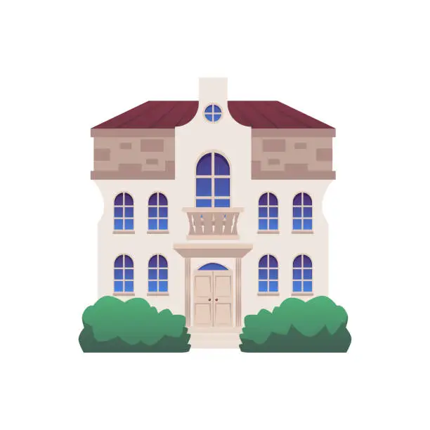 Vector illustration of Huge expensive victorian house exterior with balcony flat style, vector illustration