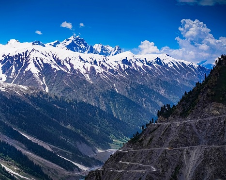 The Carved Ways in Mountains with Ice-capped Himalayan Peaks on the way to Sonmarg Kashmir