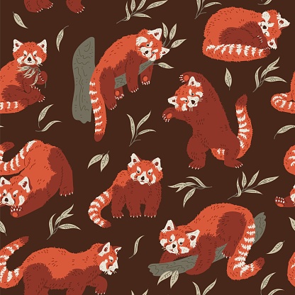 Seamless pattern of cute red panda in different poses with bamboo branches and leaves. Cartoon design animal character flat vector style. Baby texture for fabric, wrapping, textile, wallpaper, clothing.