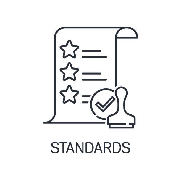 Standardization. Norms of standards.Vector linear icon isolated on white background. A document with stars stamped with a check mark. leadership norms stock illustrations