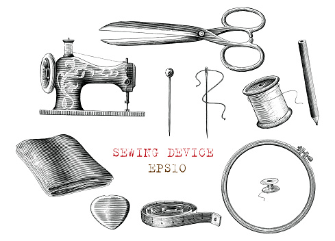 Sawing devices collection hand draw vintage engraving style black and white clip art