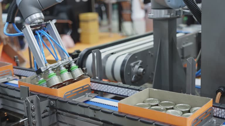 Canned food on conveyor belt in food factory