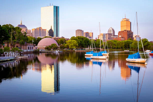 Boston in Massachusetts, USA Boston, MA, USA - June 10, 2023: view of the architecture of Boston in Massachusetts, USA at sunrise showcasing its mix of contemporary and historic buildings at Backbay. boston prudential building stock pictures, royalty-free photos & images