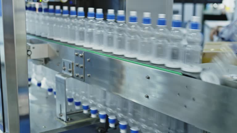 Empty plastic bottles move through the factory line