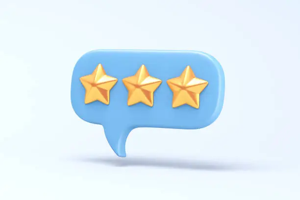 Photo of Speech bubble with three stars on blue background