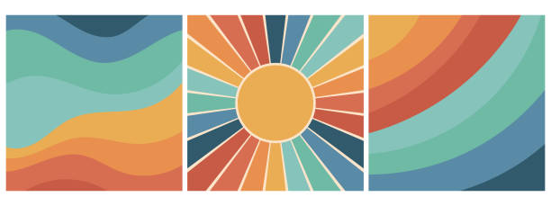 カラフルなレトロなグルーヴィーな背景に虹と太陽のセット。ポスター、カード用のトレンディなグルーヴィープリント - rainbow multi colored sun sunlight点のイラスト素材／クリップアート素材／マンガ素材／アイコン素材