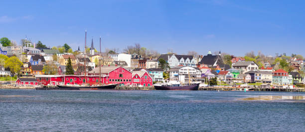 Panorama of Lunenburg waterfront, Nova Scotia. Bright sun, blue sky.