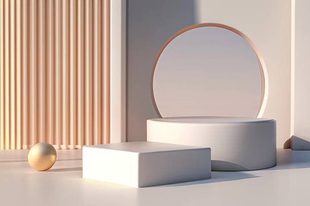 istock Curved shape, square shape, podium display, light and shadow, pastel color and cream theme, minimal style - 3d rendering. 1503391122