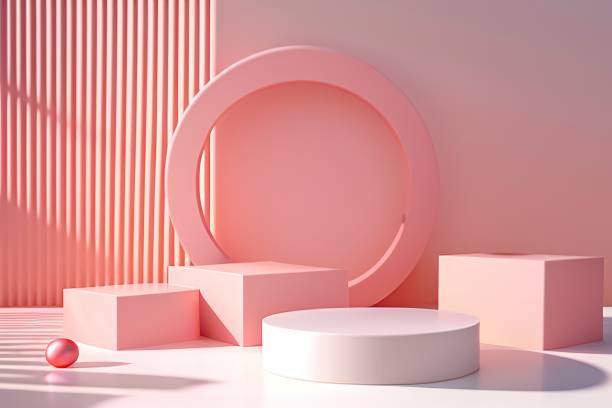 istock Curved shape, square shape, podium display, light and shadow, pastel color and pink theme, minimal style - 3d rendering. 1503391652