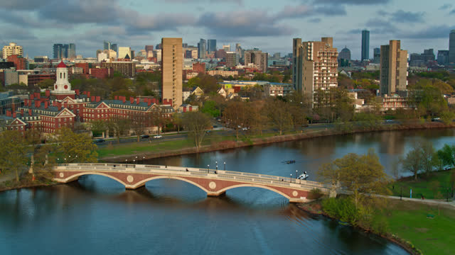 Aerial View Of Rowers on the Charles River on a Cloudy Evening