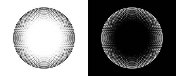 아이콘 또는 배경으로 반올림하는 하프톤. 로고 또는 엠블럼으로 점이 있는 추상 벡터 원형 프레임. 흰색 바탕에 검은색 모양이 있고 검은색 면에 같은 흰색 모양이 있습니다. 벡터 아트 일러스트
