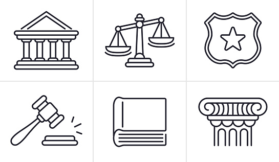 Justice and legal law firm line icons and symbols icon set collection.