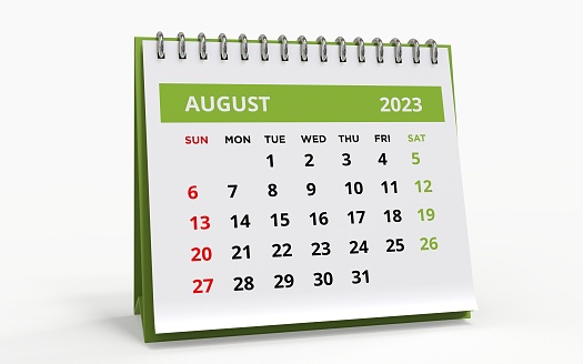 Standing Desk Calendar August 2023. Business monthly calendar with metal spiral-bound, the week starts on Sunday. Monthly Pages on a white base and green title, isolated on white background, 3d render