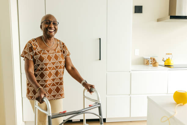 Smiling senior women with limited mobility stock photo