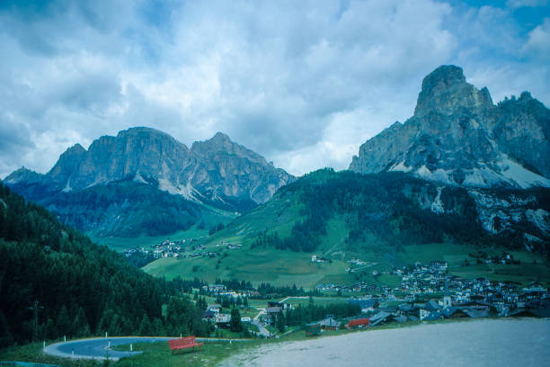 1989 old Positive Film scanned, the trip view from Corvara and Badia to Dolomites, Belluno, Italy stock photo