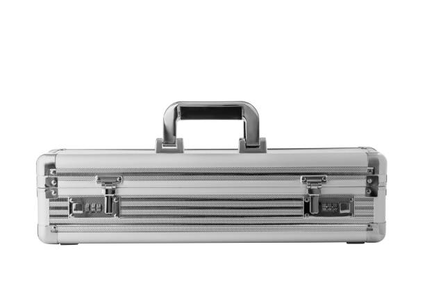 Metallic suitcase for business or travel on white background. stock photo