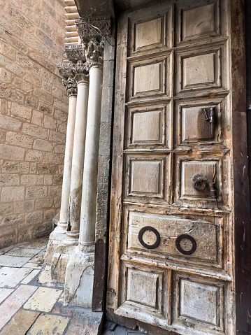 Close up of main entrance to the Church of the Holy Sepulchre in old city of Jerusalem