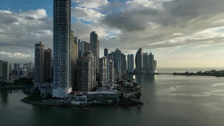 Drone footage of The skyline of Panama City (The Capital City of Panama) at sunset