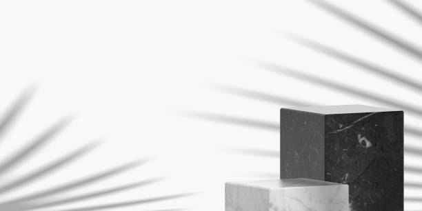 istock Black and white marble podium station display beauty cosmetic background 3d render with palm shadow 1503403844