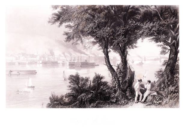 rzeka missisipi w st. louis, missouri, stany zjednoczone, geografia amerykańska - number of people people in the background flowing water recreational boat stock illustrations