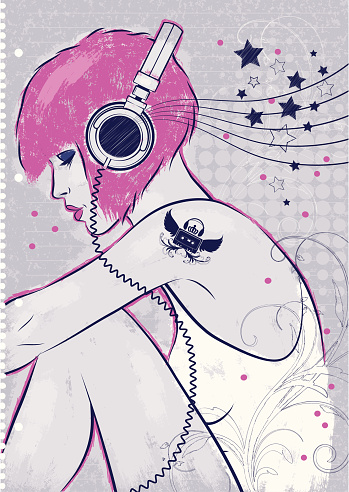 Vector-Illustration in scribble style of a woman with headphones hearing music