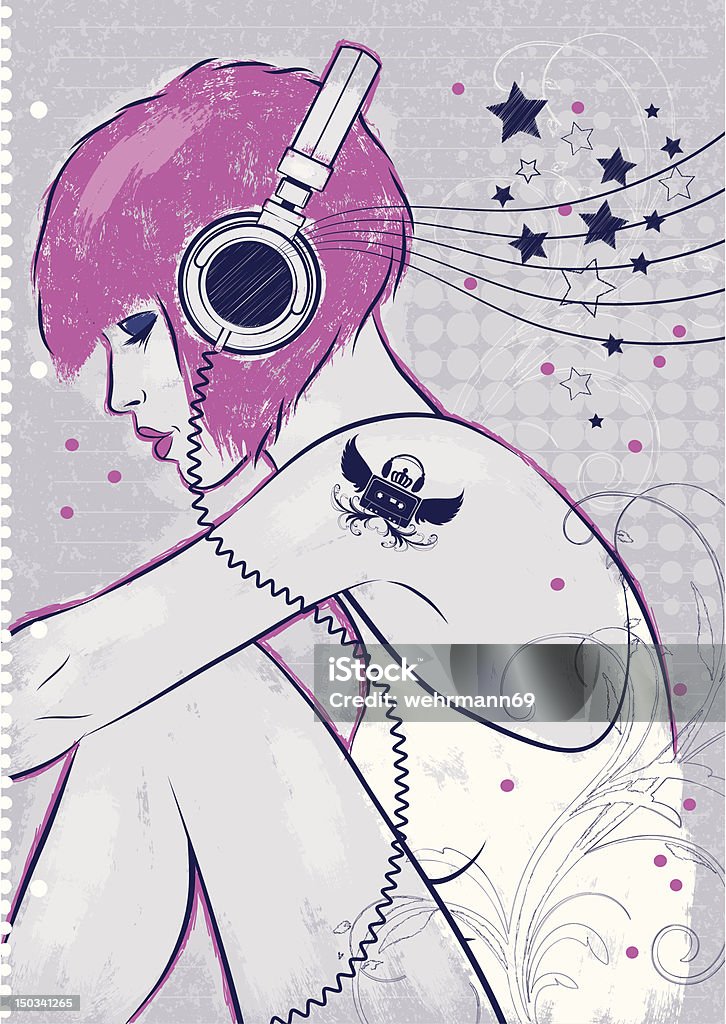 Listen to the music Vector-Illustration in scribble style of a woman with headphones hearing music Punk - Person stock vector