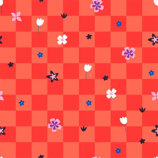 Vector illustration of Checkered red seamless pattern with flowers. Vector graphics.