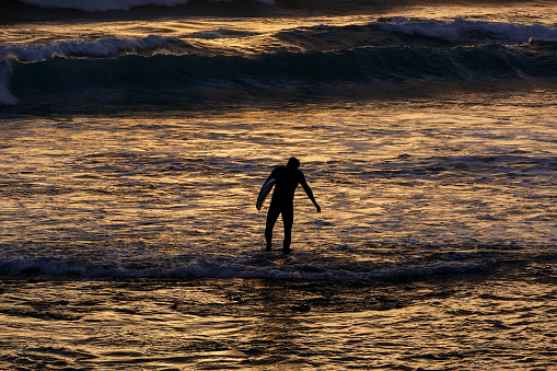 Single surfer at sunset on a calm ocean