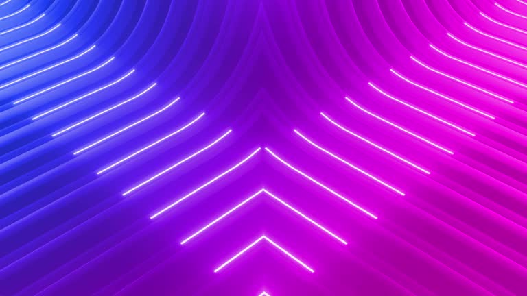 neon background with glowing pink blue - white bright  arrows, showing forward direction. Empty stage Neon sign Arrows Animation of pink light signal icons spreading from the center with a black wallpaper.