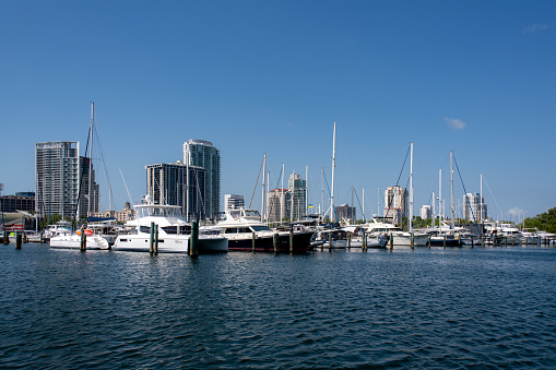 The pleasure boat harbor at St. Petersburg, Florida with the city skyline in the background. Powered and sailing yachts are docked in the urban marina.\nSt. Petersburg, Florida, USA\n03/04/2023