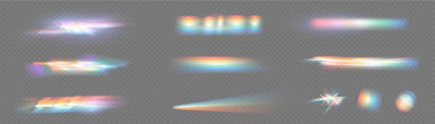 sunlight Set of colorful vector lenses and light flares with transparent effects. Iridescent crystal leak glare reflection effect. Optical rainbow lights, glare, leak, streak overlay. falling confetti. Vector transparent prism stock illustrations