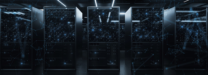 Server Rack security room data center information technology quantum computer 3d render background head cover picture blue light flicker with polygon connection illustration