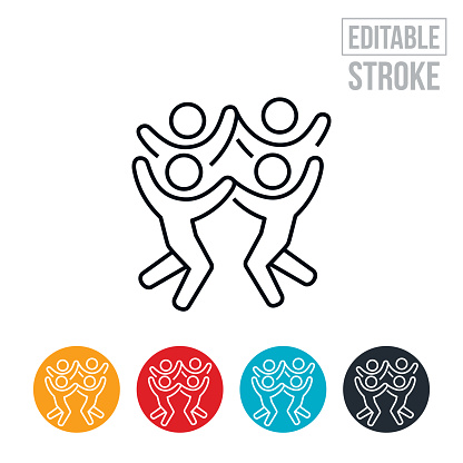An icon of a group of friends excitedly jumping and giving each other a high-five. The icon includes editable strokes or outlines using the EPS vector file.