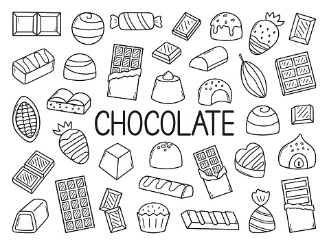 Chocolate doodle set.  Different kinds of chocolate. Cocoa bean, chocolate candies, chocolate bar in sketch style. Hand drawn vector illustration isolated on white background