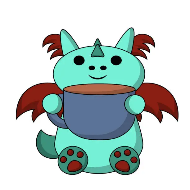 Vector illustration of Cute cartoon dragon with large mug in color