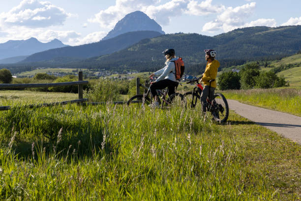 istock Senior mountain biking couple pause on paved pathway 1503451080