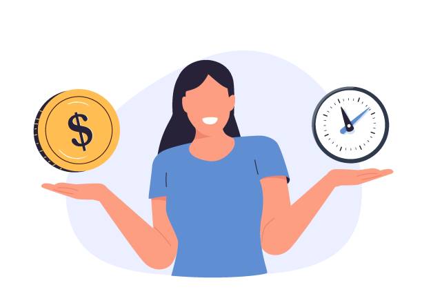 Businesswoman hand holds dollar coin and clock. Time and money balance. Income, costs, financial scale. Solution Businesswoman hand holds dollar coin and clock. Time and money balance. Income, costs, financial scale. Solution and rationality balance.Hand drawn style vector design illustrations watch cartoon gold illustration and painting stock illustrations