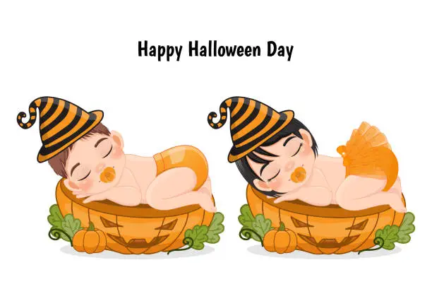 Vector illustration of Cute baby sleeping on the pumpkin cut half in Halloween theme. Flat vector cartoon design