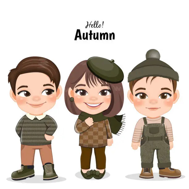 Vector illustration of Diverse children in autumn season outfits. Autumn girl and boy cartoon characters. Vector illustration