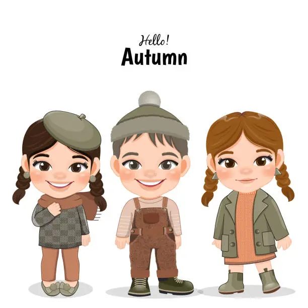 Vector illustration of Diverse children in autumn season outfits. Autumn girl and boy cartoon characters. Vector illustration