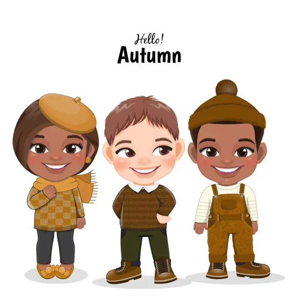 Vector illustration of Diverse children in autumn season outfits. Autumn girl and boy cartoon characters. Vector illustration