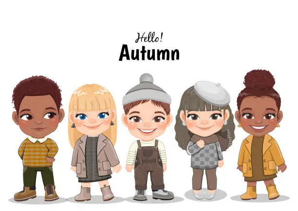 Vector illustration of Diverse children in autumn season outfits. Autumn girl and boy cartoon characters. Vector illustration