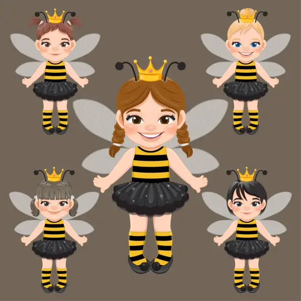 Vector illustration of Set of cute girls in Bee costume flat icon style vector