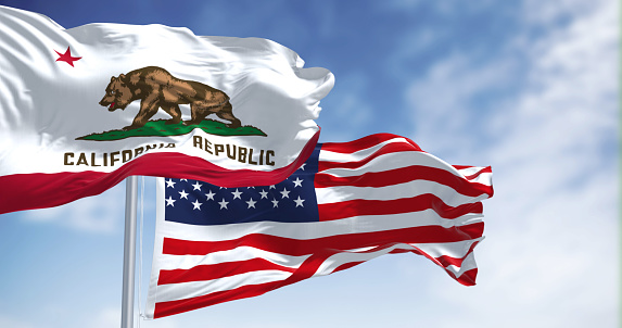 The California Republic state flag waving along with the national flag of the United States of America on a clear day. 3D illustration render. Fluttering fabric
