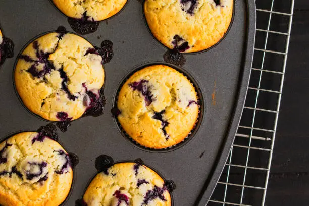 Freshly baked blueberry muffins in a muffin viewed from directly above