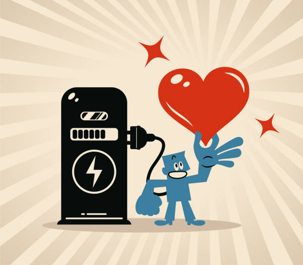 A blue man with a smile is charging his love with an electric plug at a charging station to fill his love with the energy Blue Cartoon Characters Design Vector Art Illustration.
A blue man with a smile is charging his love with an electric plug at a charging station to fill his love with the energy. flexible adaptable stock illustrations